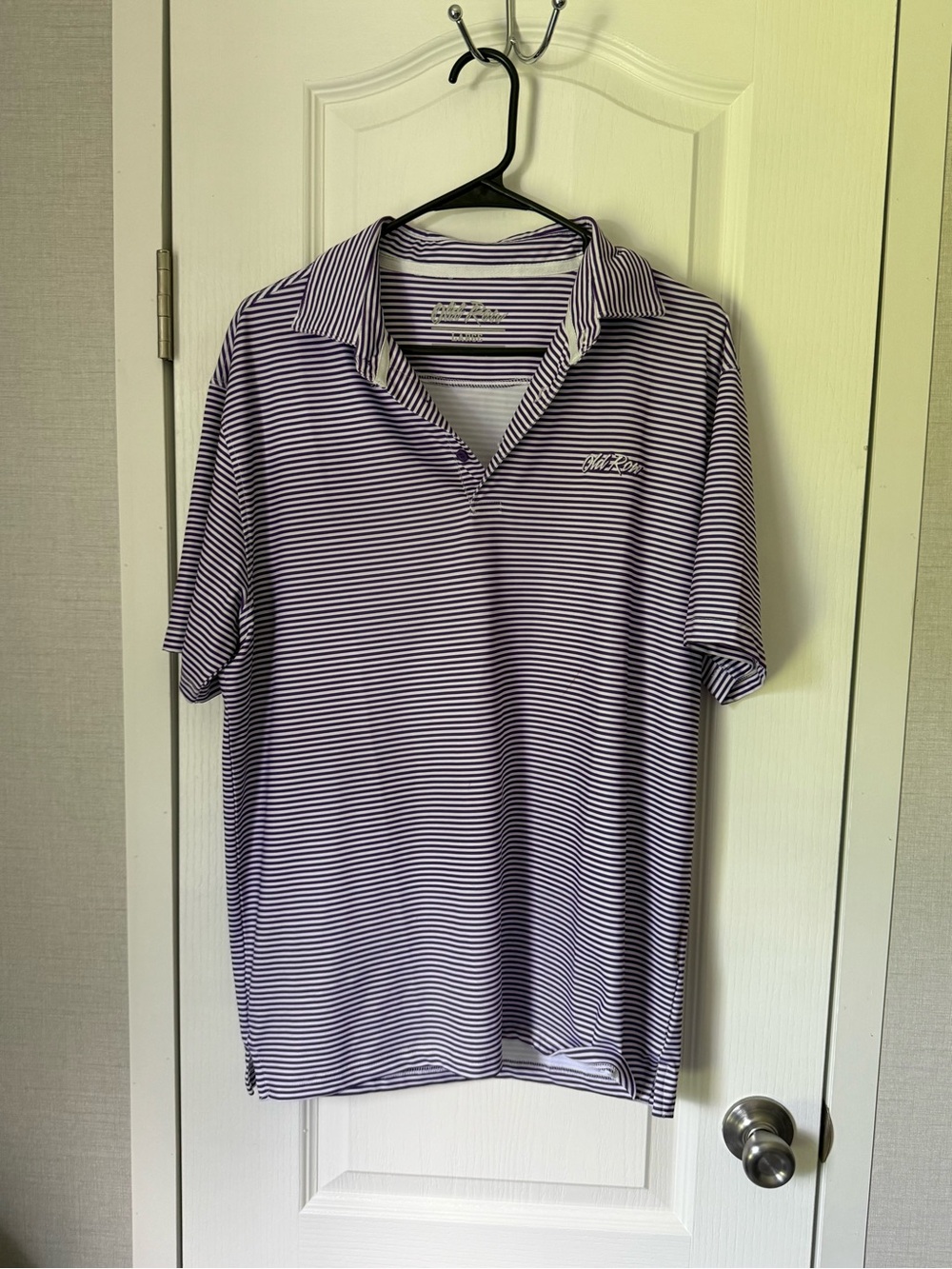 Old Row Chad Rook Men’s L Purple/White Striped Polo Shirt Short Sleeve Logo